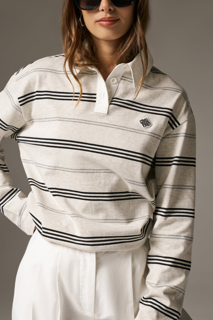 STRIPED LONG SLEEVE POLO TEE - GREY MARL