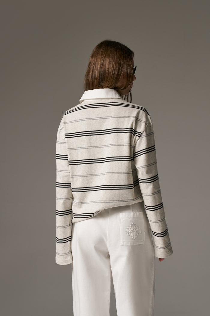 STRIPED LONG SLEEVE POLO TEE - GREY MARL