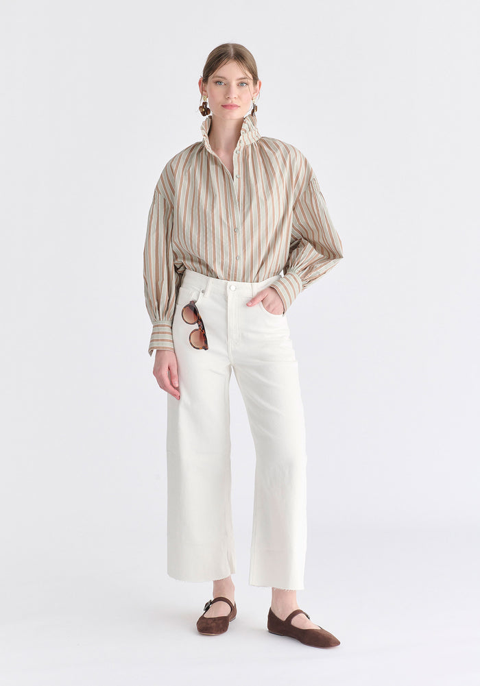 Striped Puff Sleeve Shirt with Ruffled Collar