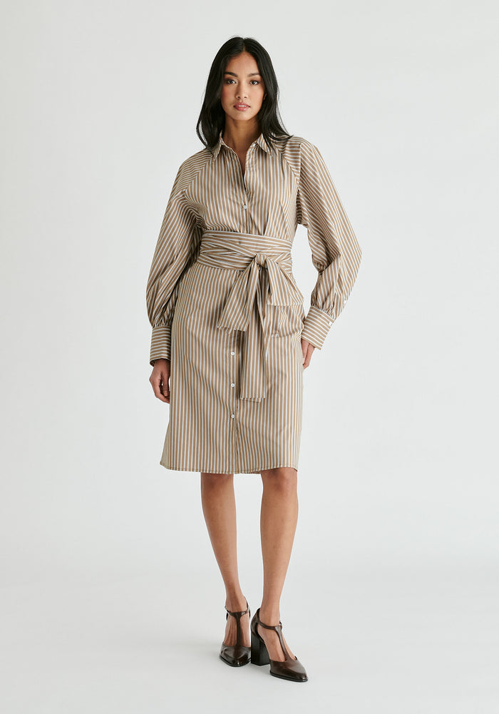 Striped Volume Sleeve Shirt Dress with Matching Tie Belt in Khaki Stripes