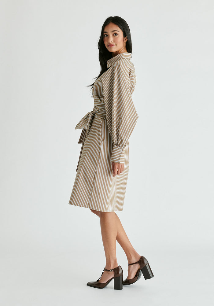 Striped Volume Sleeve Shirt Dress with Matching Tie Belt in Khaki Stripes Side