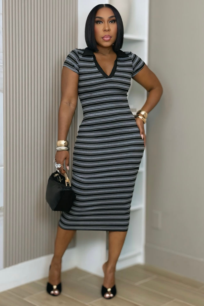 Tahlia Striped Polo Midi Dress - Charcoal/Black