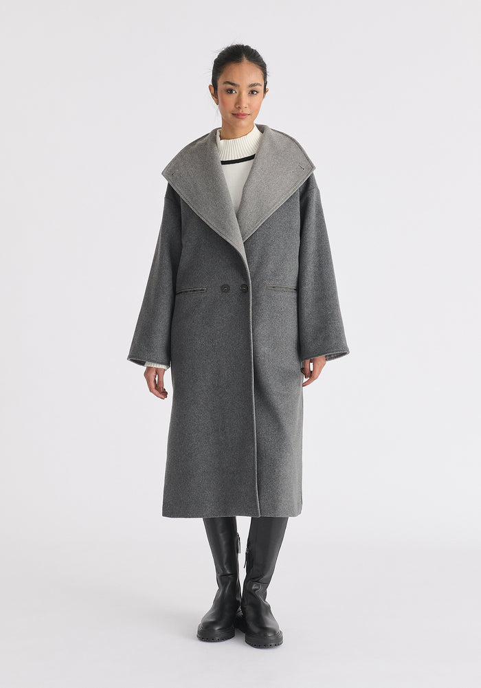 Two-Tone Double Breasted Wool Blend Coat in Grey Front
