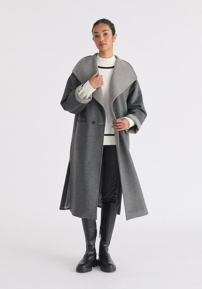 Two-Tone Double Breasted Wool Blend Coat in Grey Front