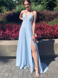 V Neck Blue Chiffon Backless Long Prom Dresses, V Neck Blue Chiffon Backless Long Formal Evening Dresses