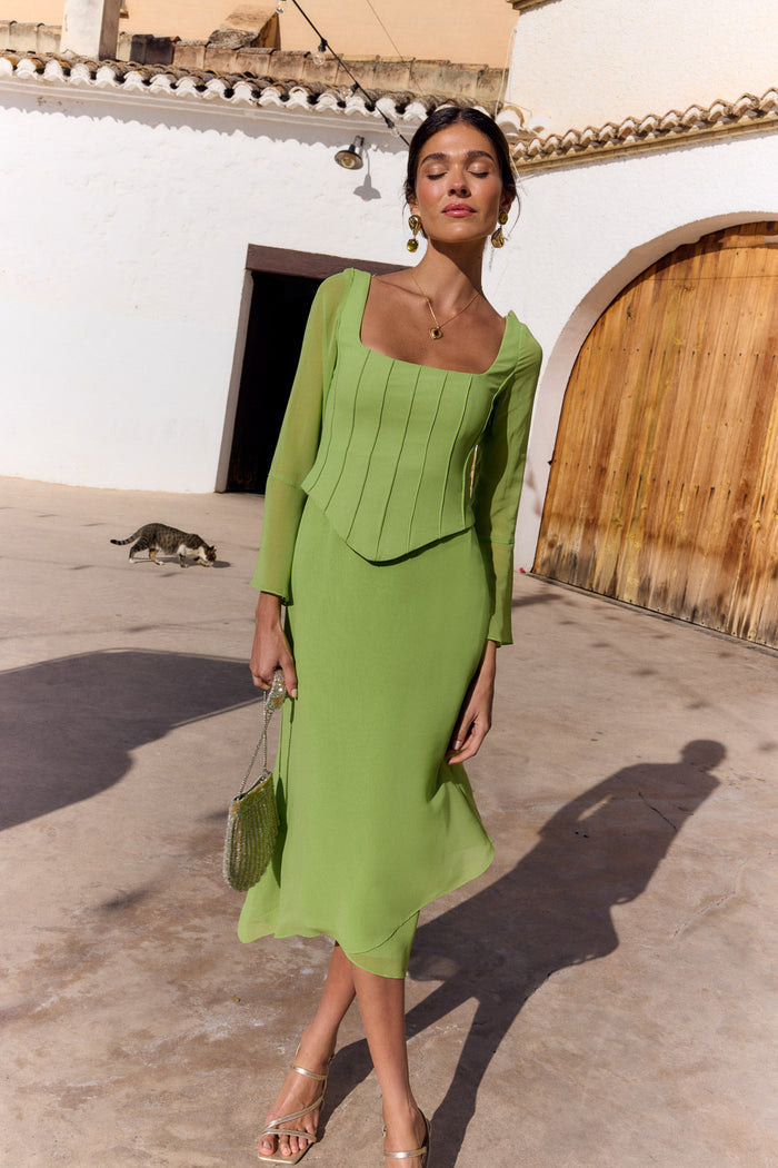 Vestido Rinala Manzana midi de manga larga ceñido de Lady Pipa para invitada de boda de día.