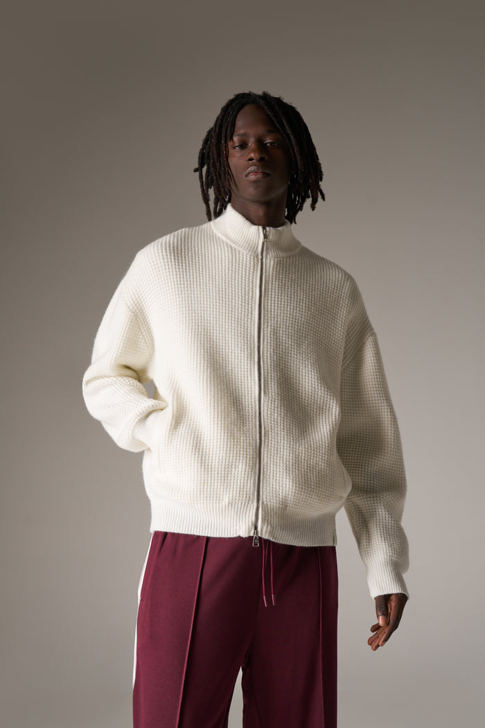 WAFFLE KNIT FUNNEL NECK ZIP THROUGH - WHITE