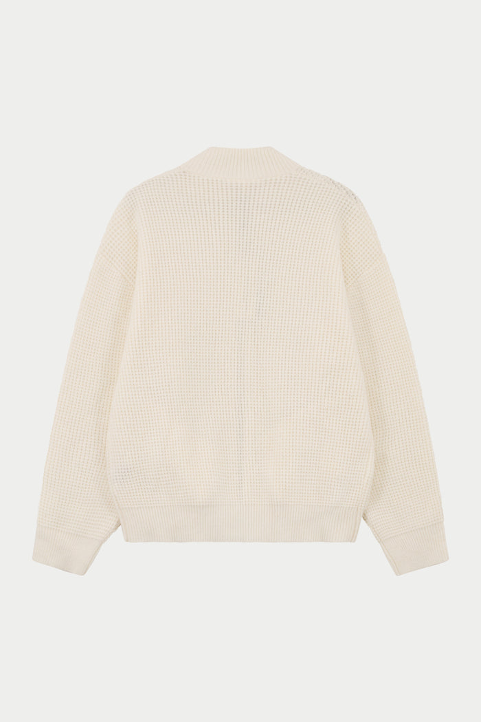WAFFLE KNIT FUNNEL NECK ZIP THROUGH - WHITE