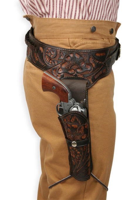 (.44/.45 cal) Western Gun Belt and Holster - RH Draw - Two-Tone Brown Tooled Leather