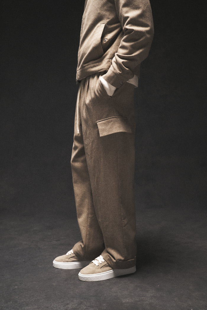 WIDE LEG HERRINGBONE TROUSERS - BEIGE