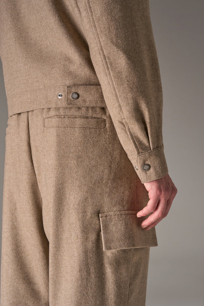 WIDE LEG HERRINGBONE TROUSERS - BEIGE