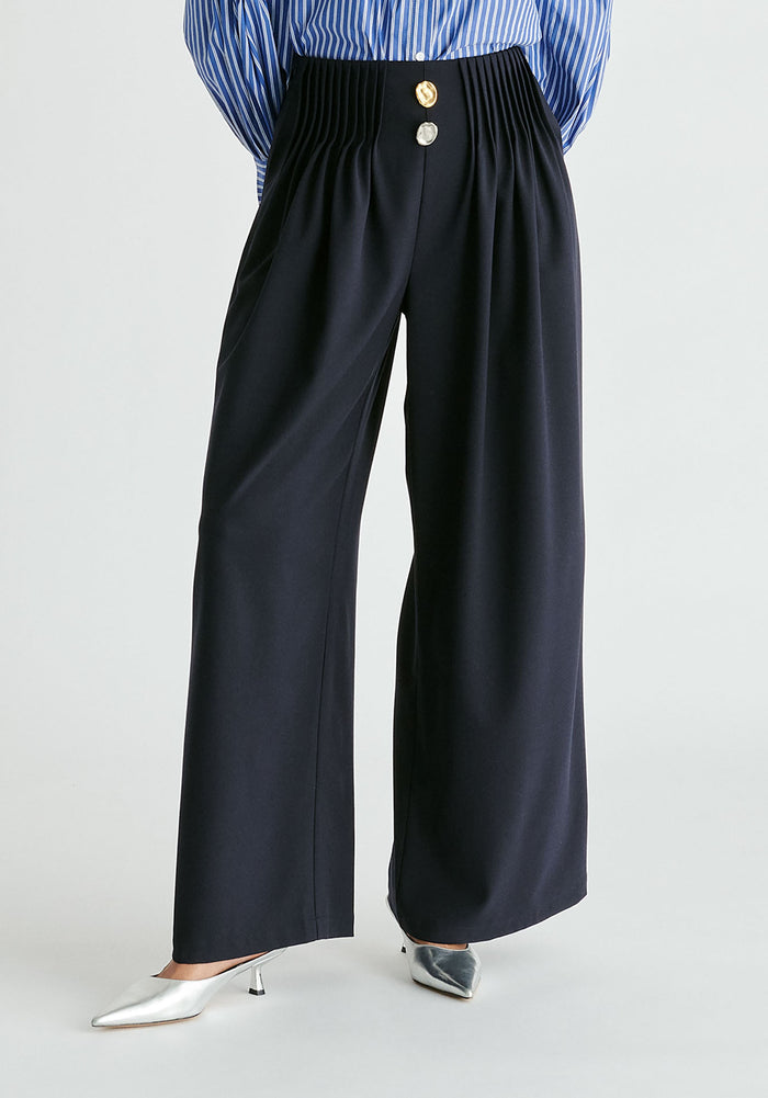 Wide Leg Trousers with Pleated Waist Detail in Navy Closeup