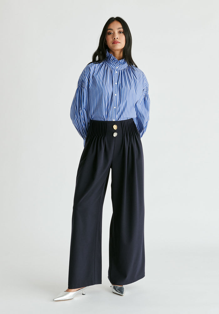 Wide Leg Trousers with Pleated Waist Detail in Navy Front