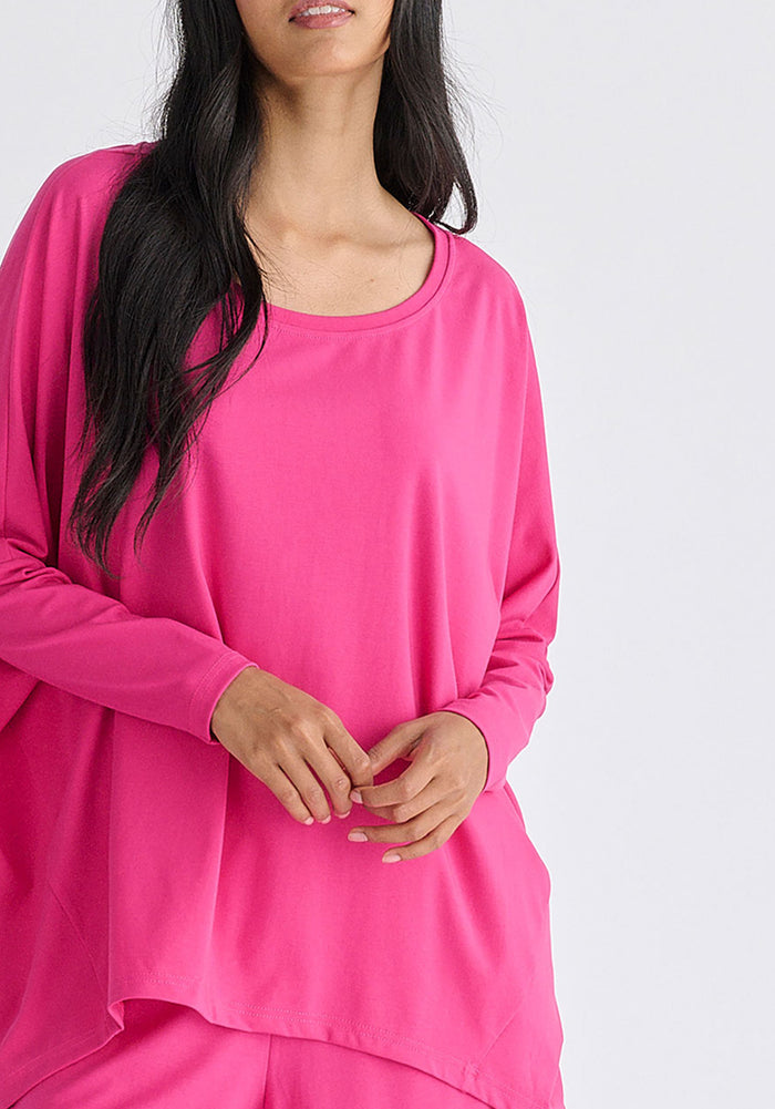 Wide Neck Oversized Lyocell Jersey Top in Hot Pink Closeup