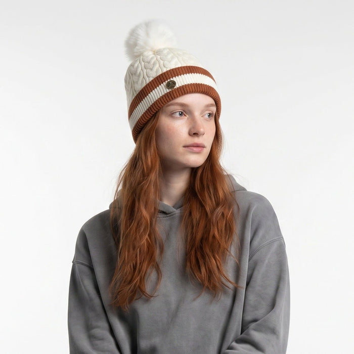 Woman's Knit Hat with Pom Pom and Fleece Lining - Banded and White - Heritage Of Scotland -