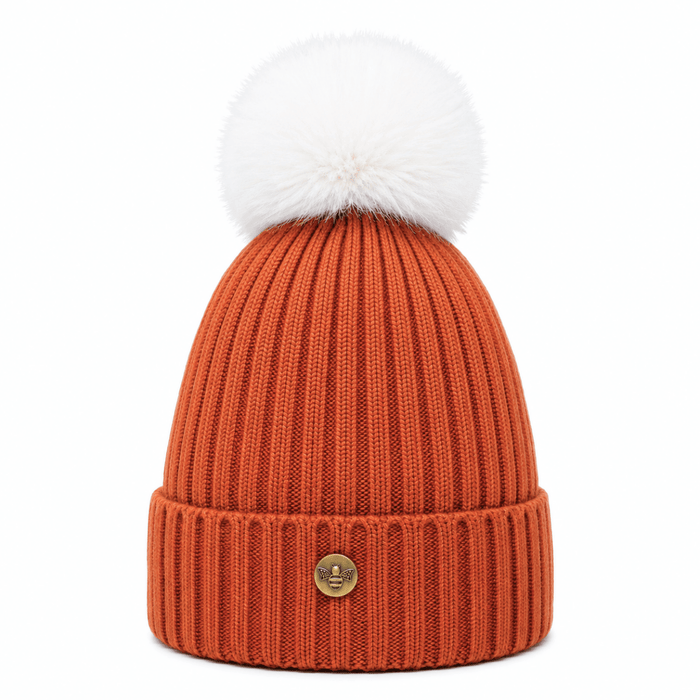 Woman's Knit Hat with Pom Pom and Fleece Lining - Cappuccino and White - Heritage Of Scotland -