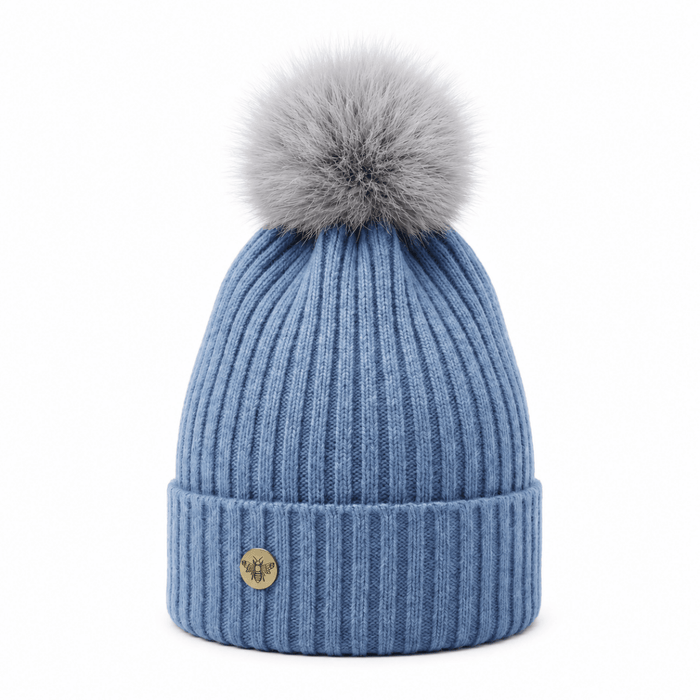 Woman's Knit Hat with Pom Pom and Fleece Lining - Denim Blue and Grey - Heritage Of Scotland -
