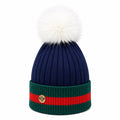 Woman's Knit Hat with Pom Pom and Fleece Lining - Navy and White - Heritage Of Scotland -