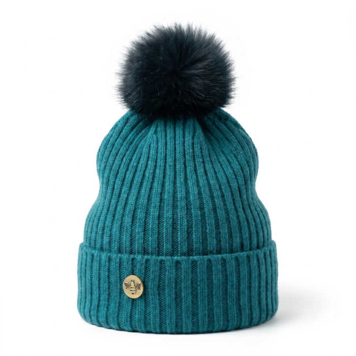 Woman's Knit Hat with Pom Pom and Fleece Lining - Teal and Black - Heritage Of Scotland -