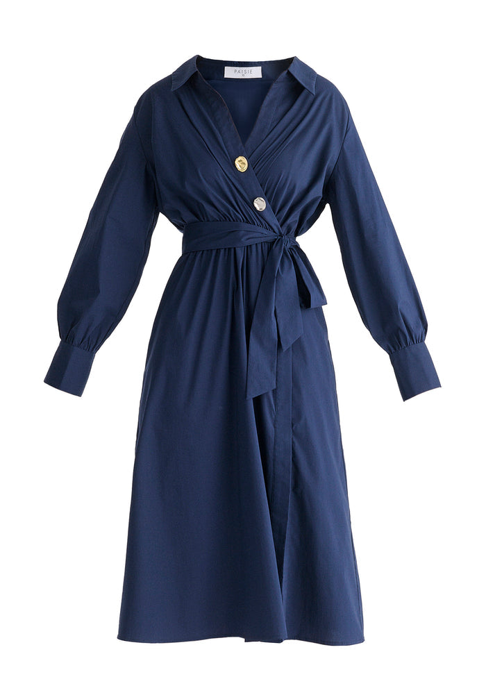 Wrap Midi Shirt Dress with Metallic Button Details in Navy Cutout