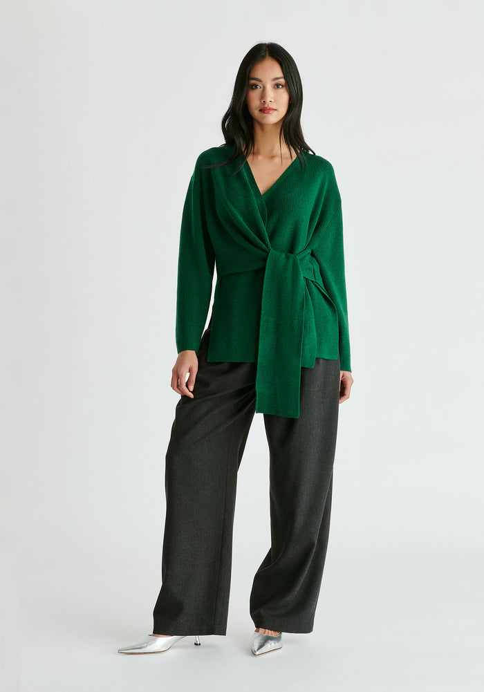 Wrap Side Tie Knit Jumper in Green Front