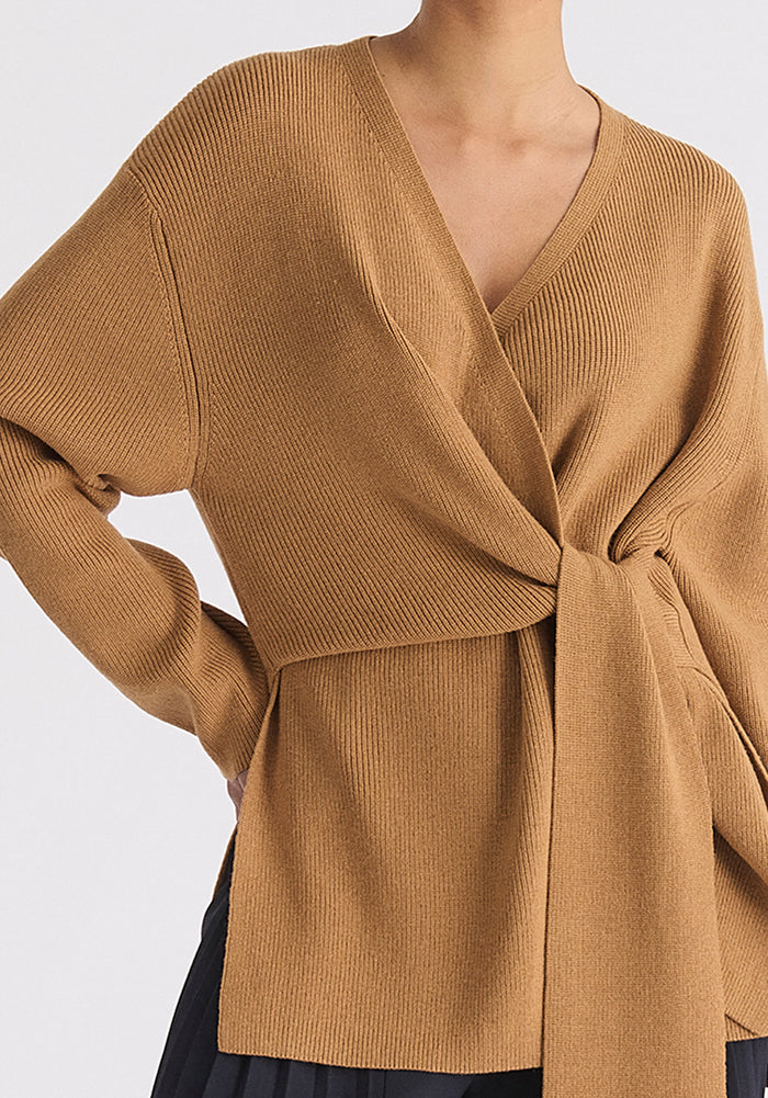 Wrap Side Tie Knit Jumper in Camel Close Up