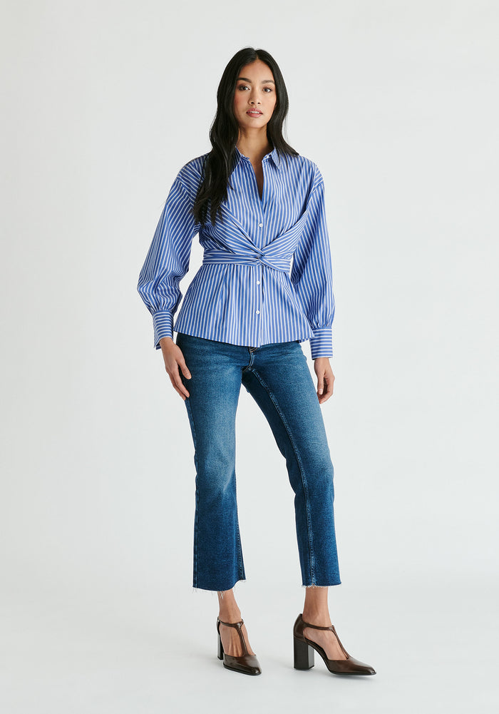 Wrap Tie Waist Shirt in Blue Stripes Front