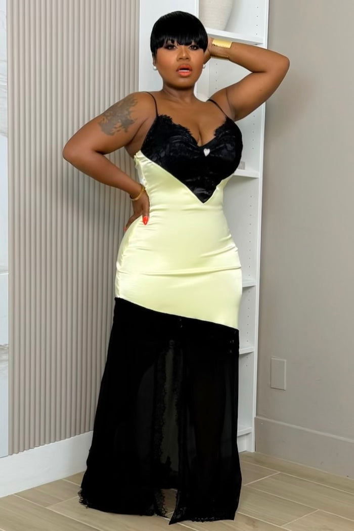 Zinnia Lace Trim Satin Maxi Dress